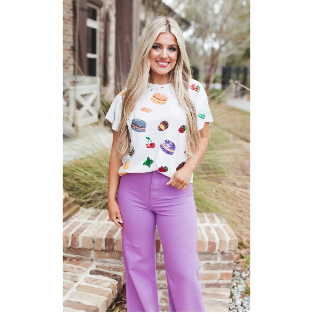 Queen of Sparkles - Sequin Macaron Print Tee - Size XS